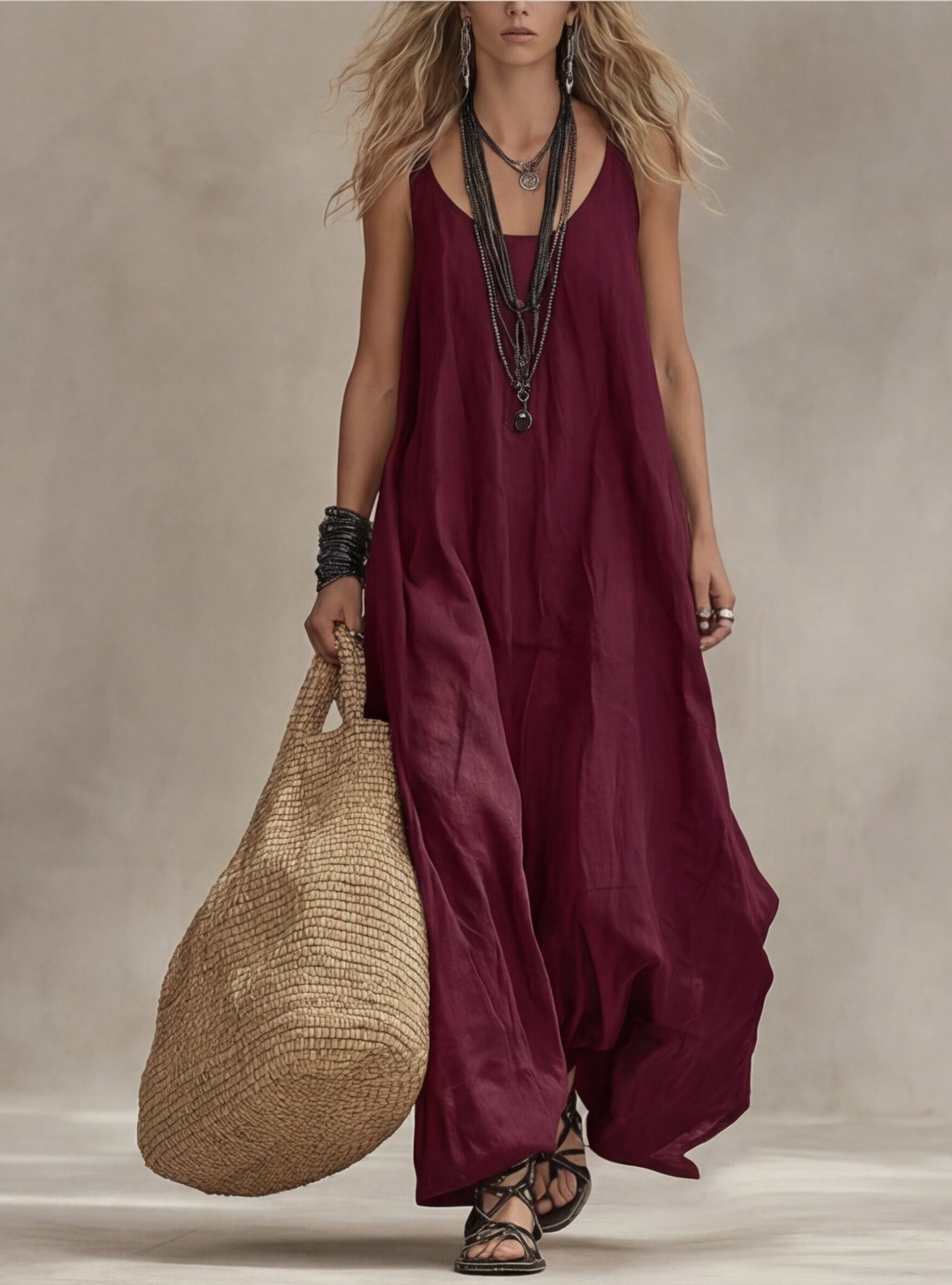 Women's Sleeveless Boho A-Line Maxi Dress Loose Fit