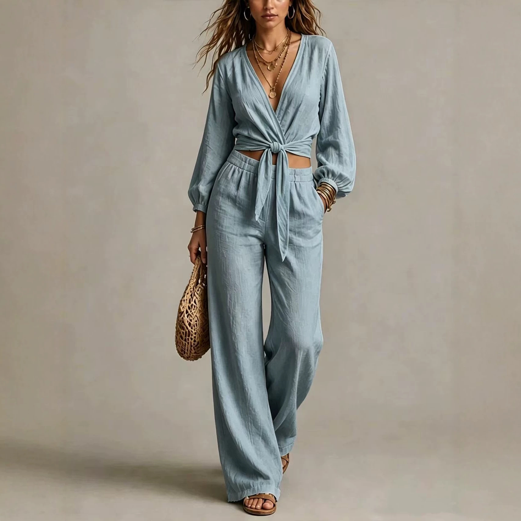 Women's V-Neck Tie-Waist Casual Pant Set