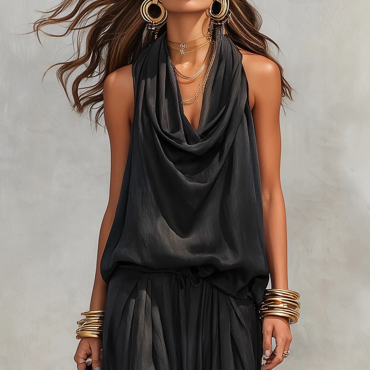 V-Neck Waist-Cinching Ruffle Midi Dress
