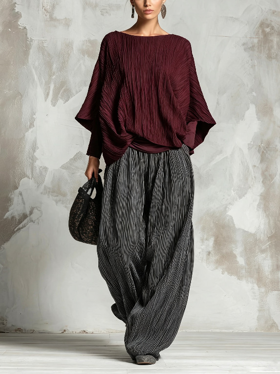 Women's Pleated Batwing Sleeve Top & Wide-Leg Pants Two-Piece Set
