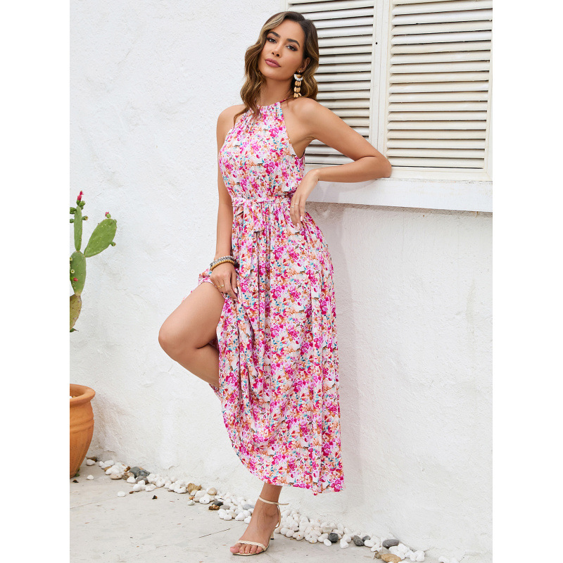 Off-Shoulder Halter Neck Printed Maxi Dress with Tie and Flared Skirt