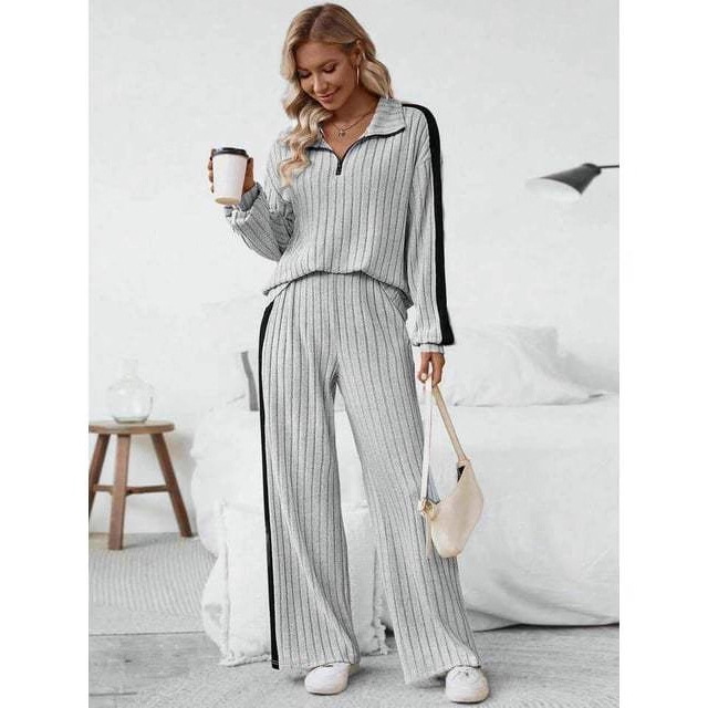 Colorblock Zip-Up Collar Top & Wide-Leg Pants Set