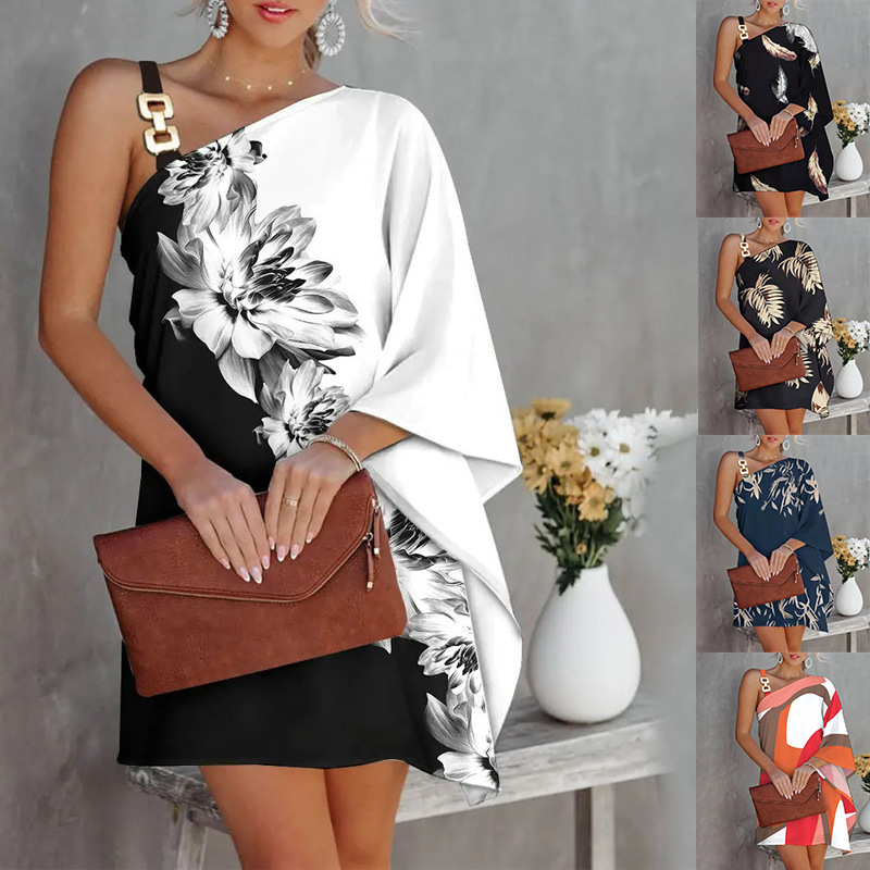 Women's Floral Print One-Shoulder Loose A-Line Dress