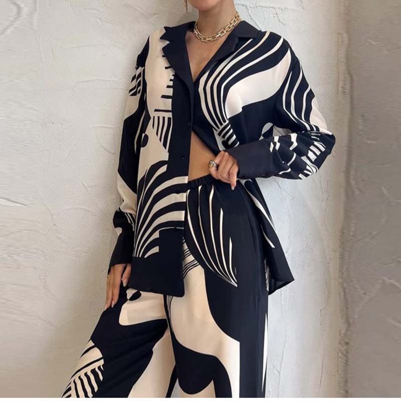 Women's Printed Colorblock Wide-Leg Pants Set Casual Two-Piece