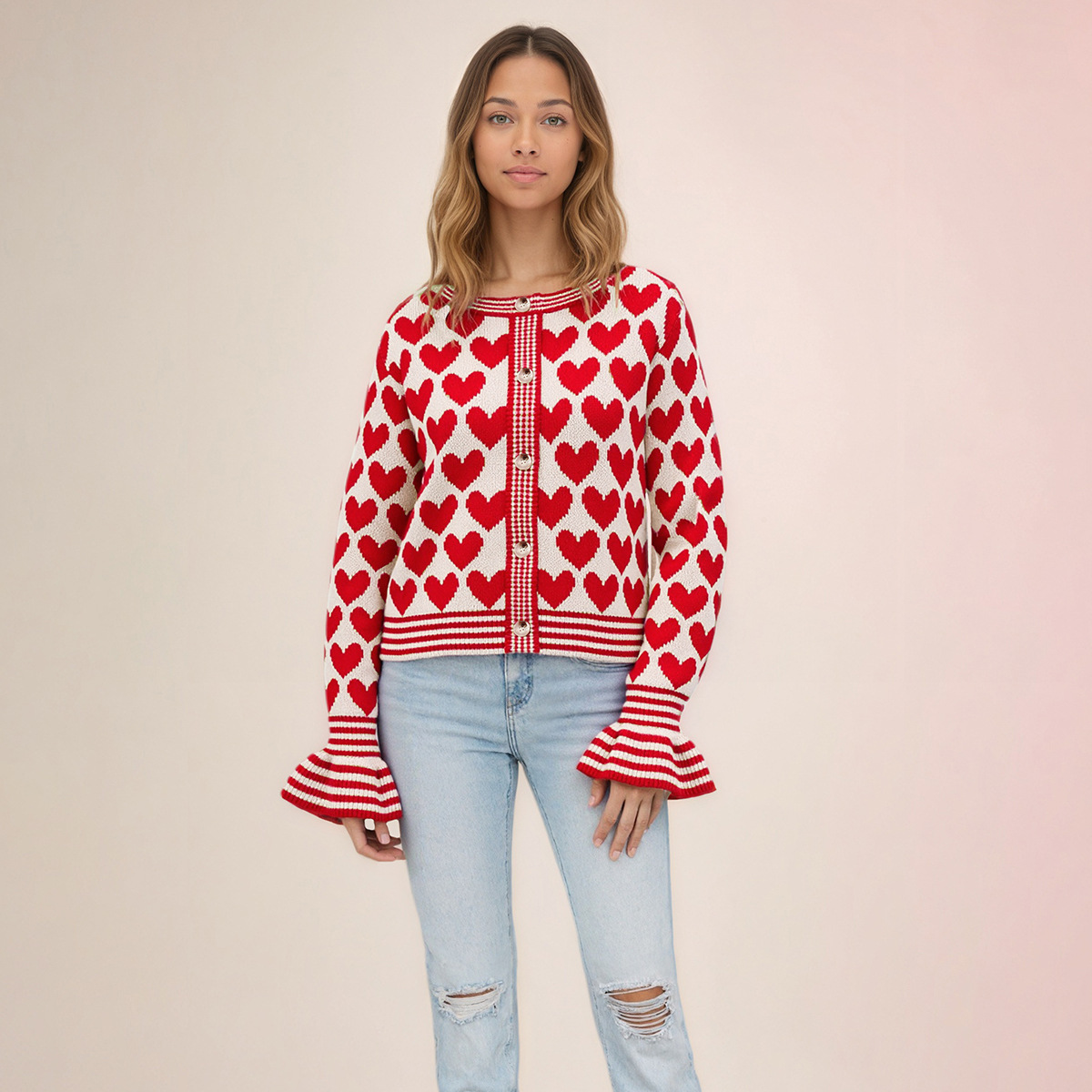 Heart Knit Cardigan Button-Up Flared Sleeve Sweater