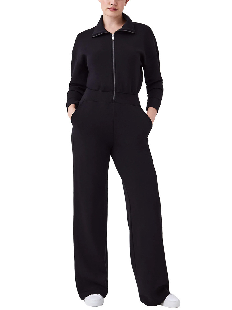 Women's Long Sleeve Wide Leg Jumpsuit Zip Collar Sweatsuit
