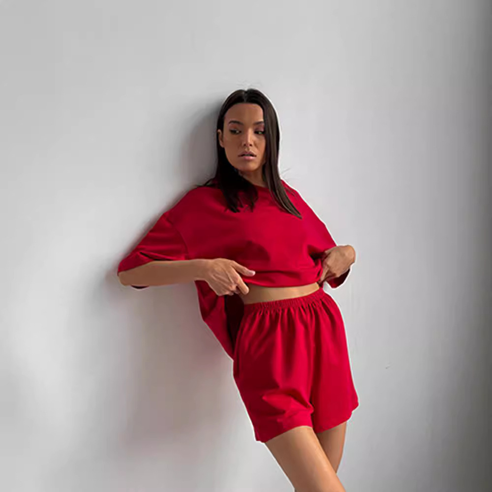 Women's Casual Two-Piece Shorts Set with Short Sleeve Round Neck Top and Solid Color Shorts
