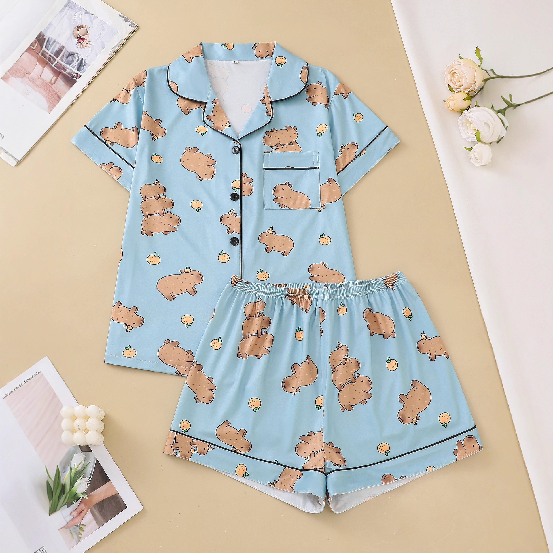 Women's Cute Capybara Print Cuban Collar Short Sleeve Two-Piece Set