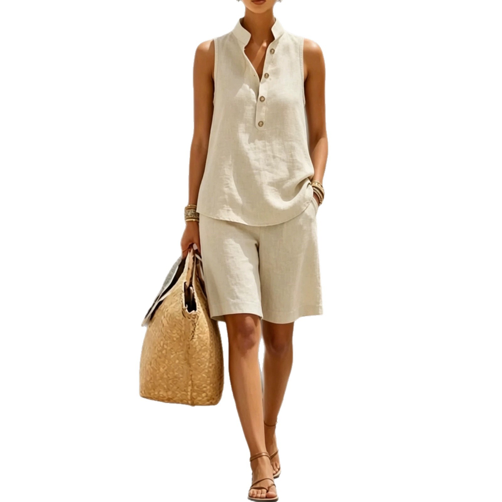 Women's Cotton-Linen Sleeveless Two-Piece Set Casual Summer Vacation Outfit