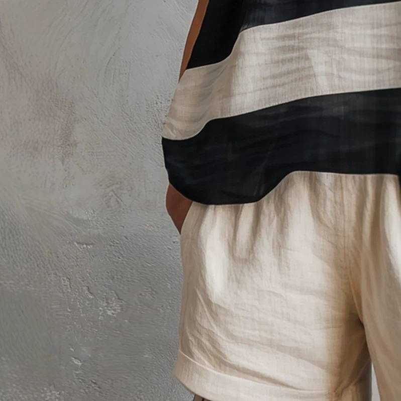 Striped Sleeveless Chiffon Shirt and White Cotton Linen Shorts Set