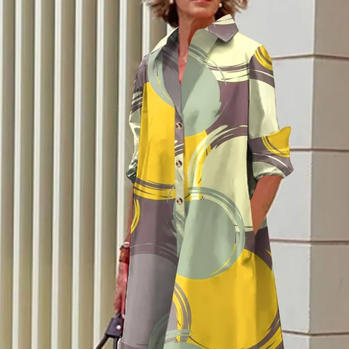 Geometric Print Midi Dress Long Sleeve Polo Collar A-Line Tie-Waist