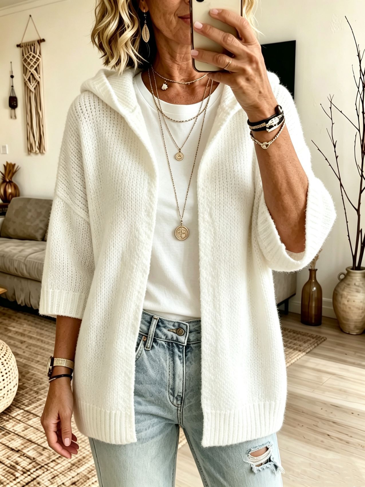 Women's 3/4 Sleeve Hooded Open-Front Knit Cardigan Solid Color Plus Size