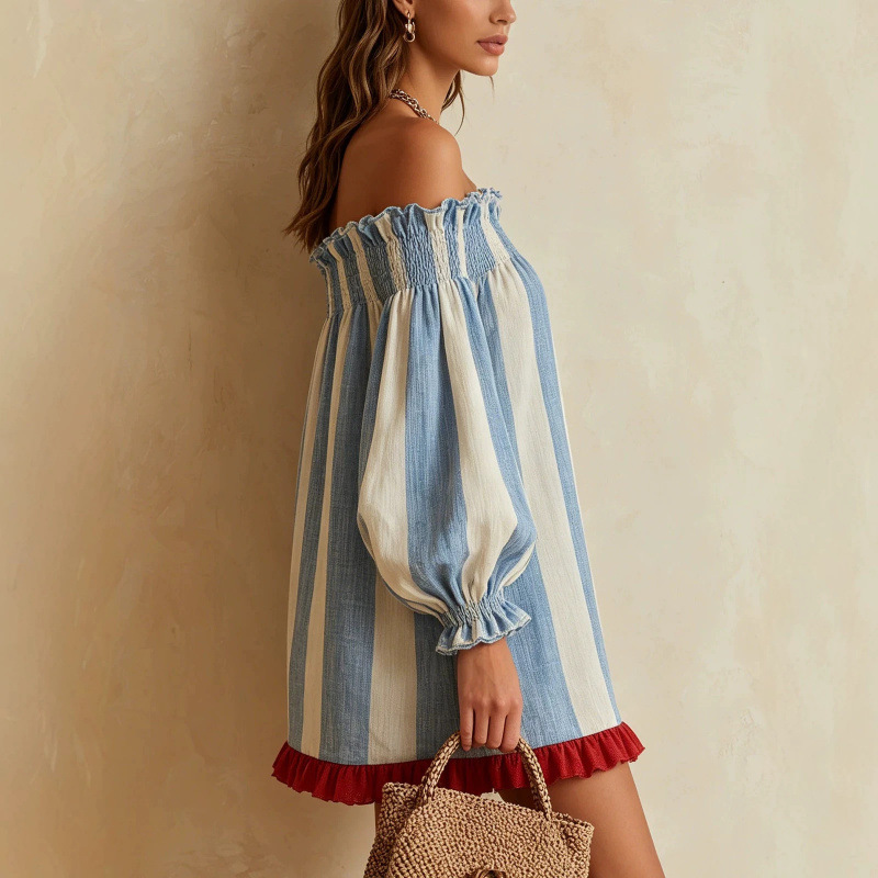 Color-Block Ruffle Trim Off-Shoulder Puff Sleeve Striped Mini Dress