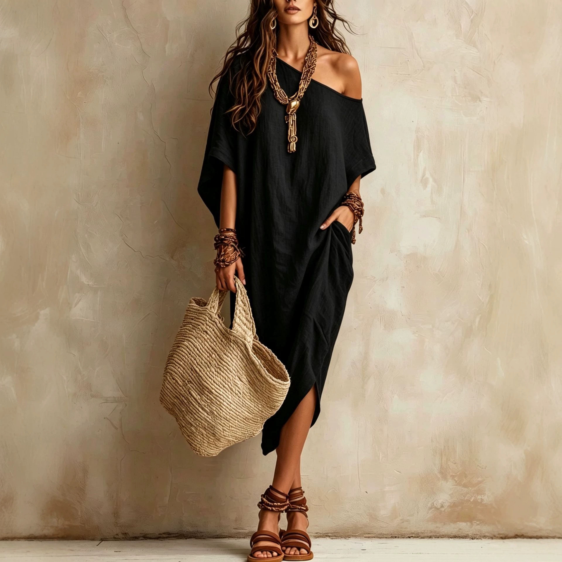 Solid One-Shoulder Loose Casual Dress