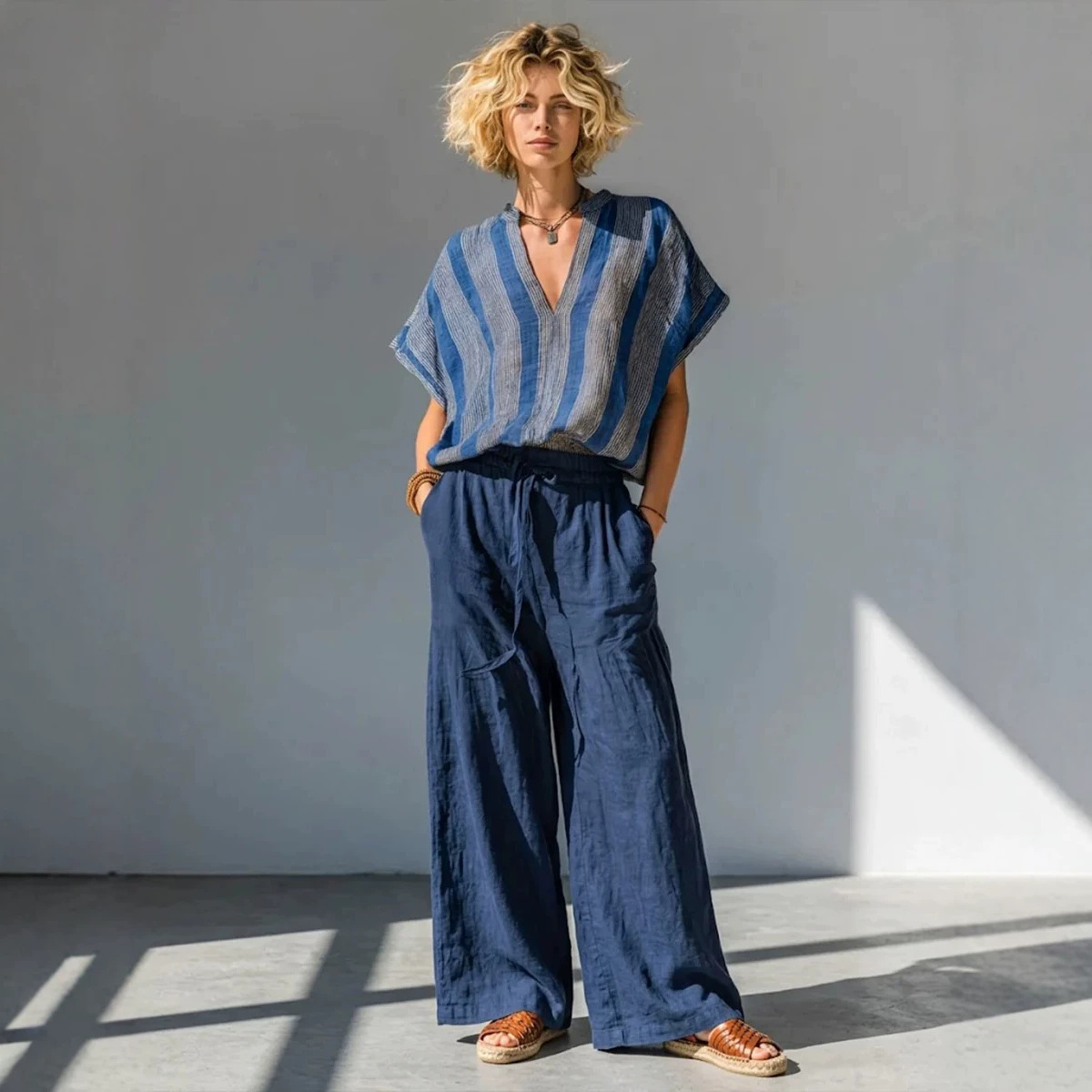 Blue-Gray Striped V-Neck Loose Top & Cotton-Linen Wide-Leg Pants Set