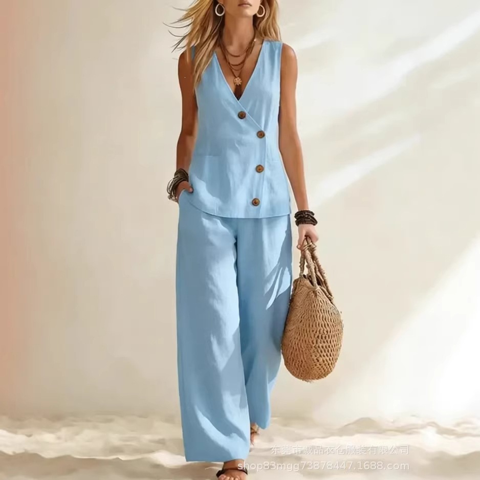 Women's Summer Cotton-Linen Button Cardigan & Pants Set Casual Vacation Solid Color