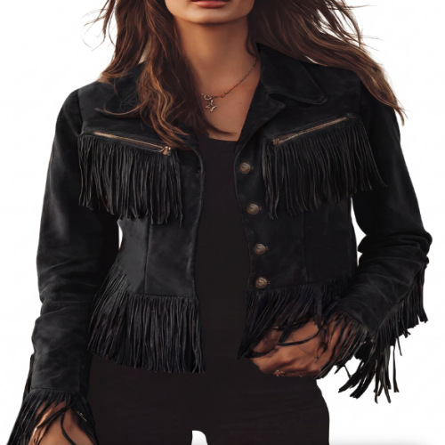 Women's Brown Faux Suede Fringe Jacket