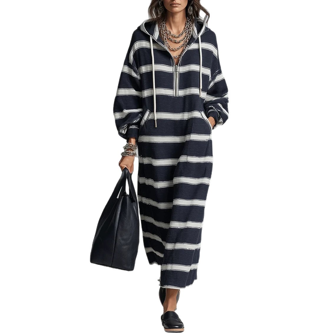 Hooded Half-Zip Loose Plus-Size Print Long Sweatshirt Dress