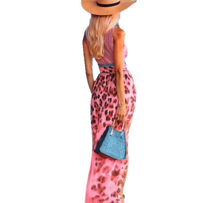 Women's Leopard Print Deep V Sleeveless Split Dress