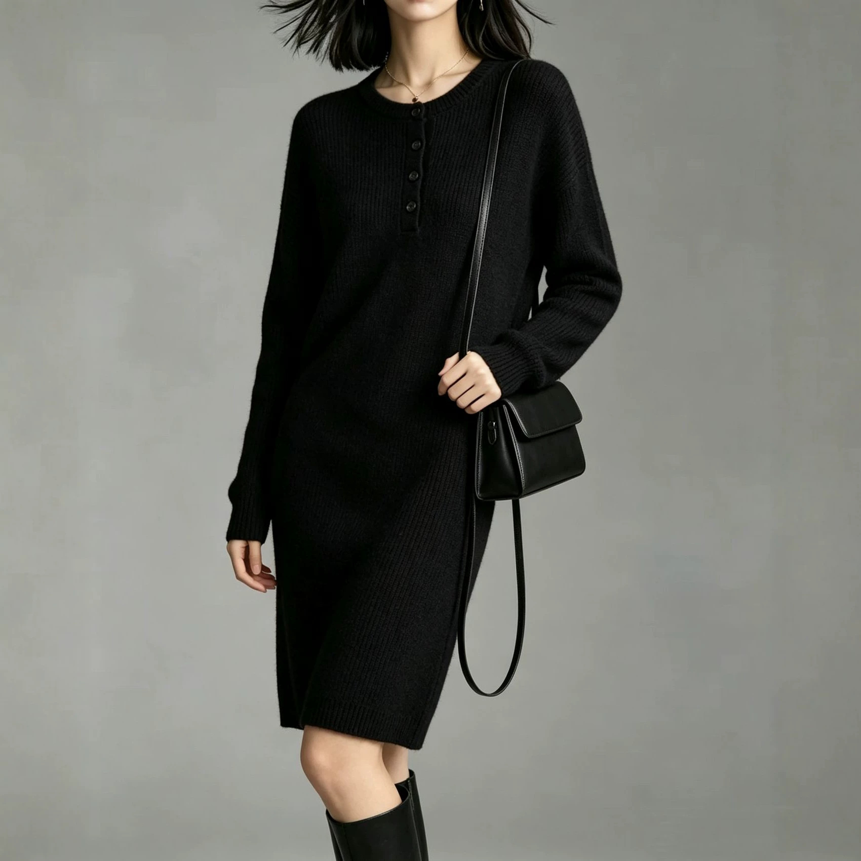 Women's Crewneck Solid Knit Midi Dress with Buttons