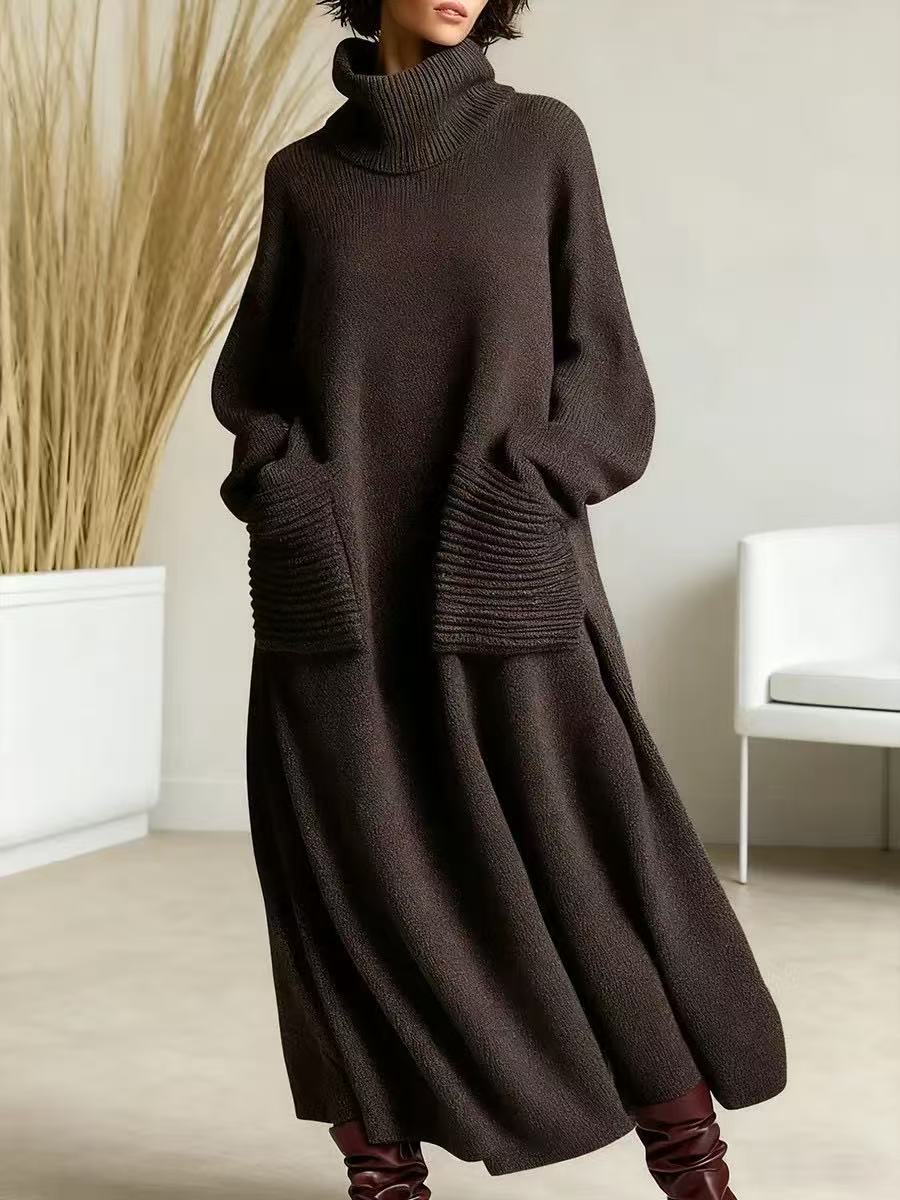 High-Neck Wool-Blend Dress with Loose Wool Coat