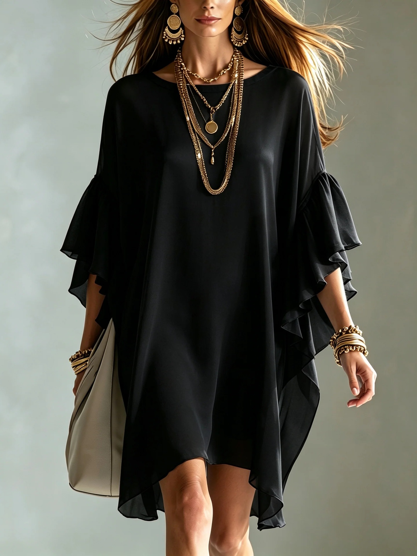 Minimalist Black Chiffon Mini Dress with Ruffle Sleeves Loose Fit