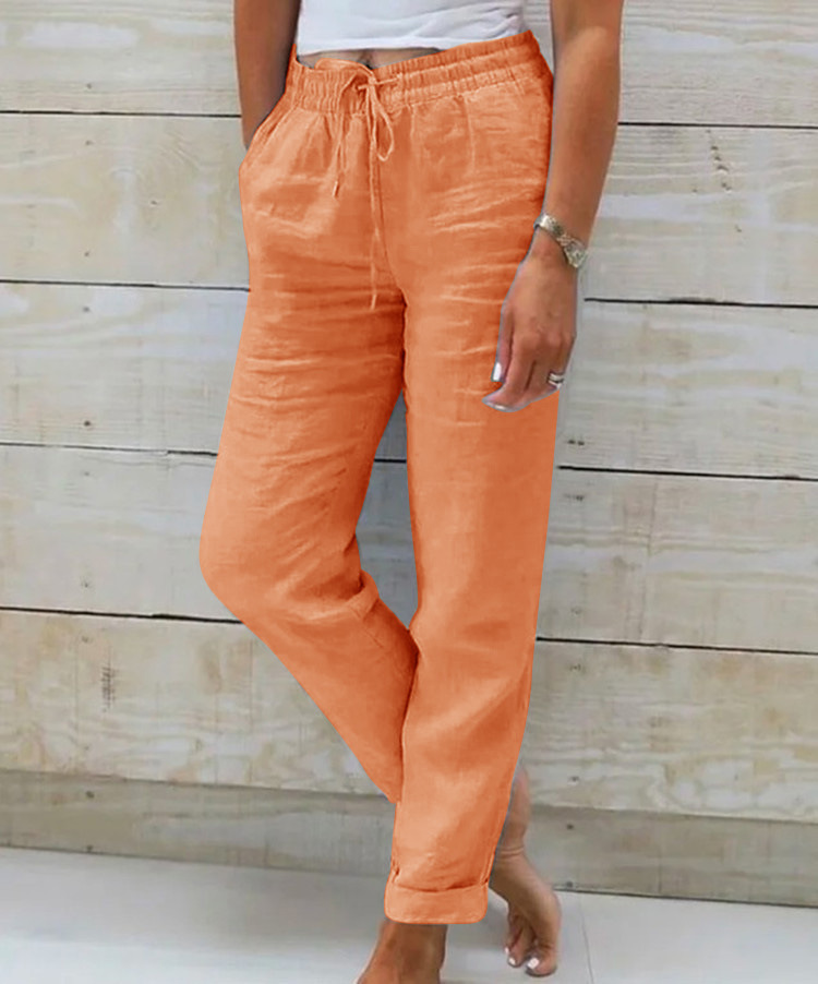 Women's Cotton-Linen Wide-Leg Pants Elastic Waist Solid Color Loose Fit