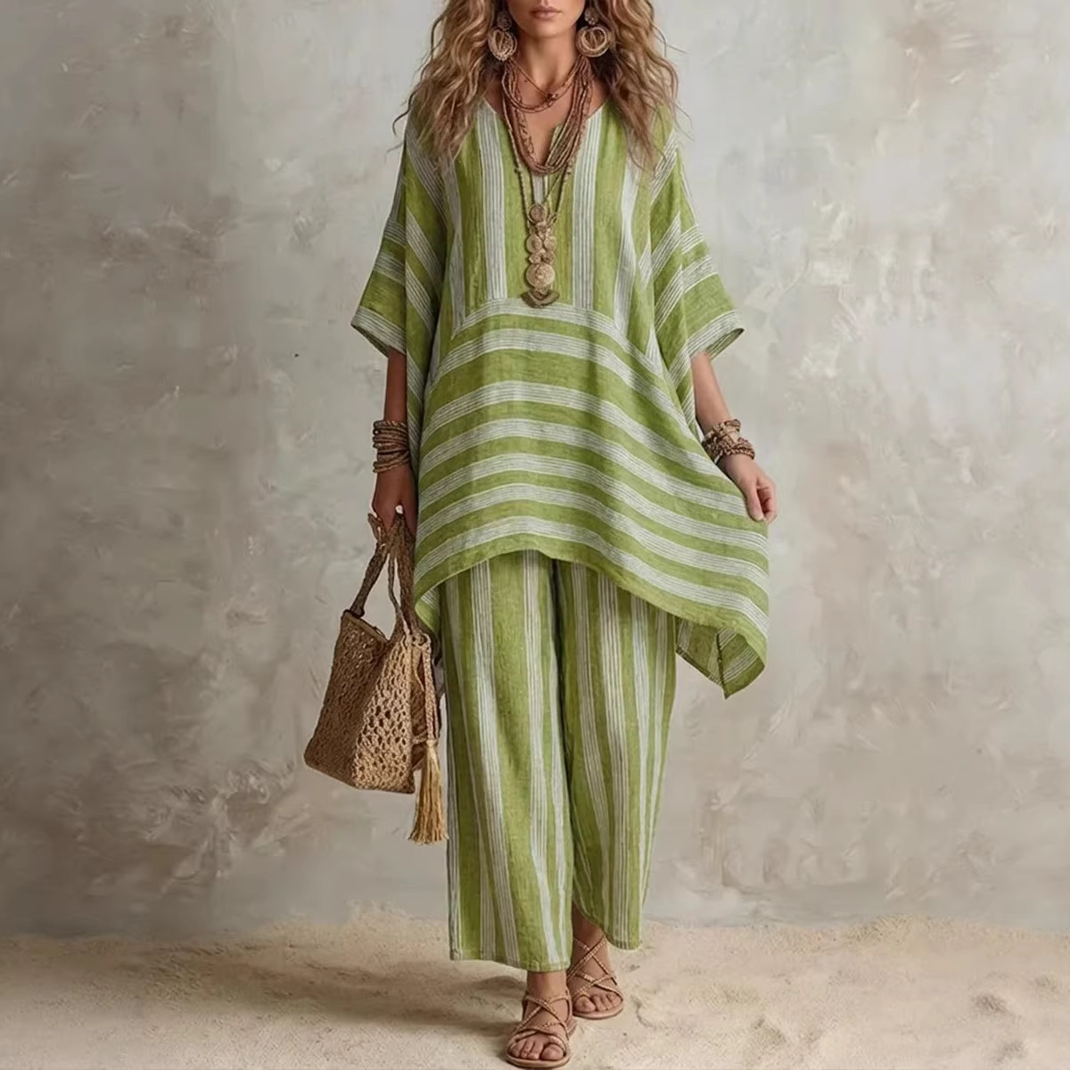 Women's V-Neck Striped Two-Piece Lounge Set