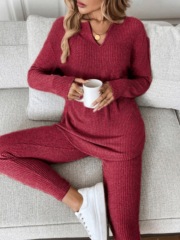 Women's V-Neck Lounge Set Long Sleeve Solid Color Two-Piece