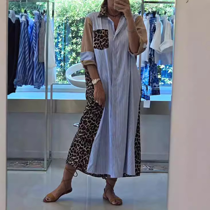 Leopard Print Striped Patchwork Shirt Dress Long Sleeve Blue