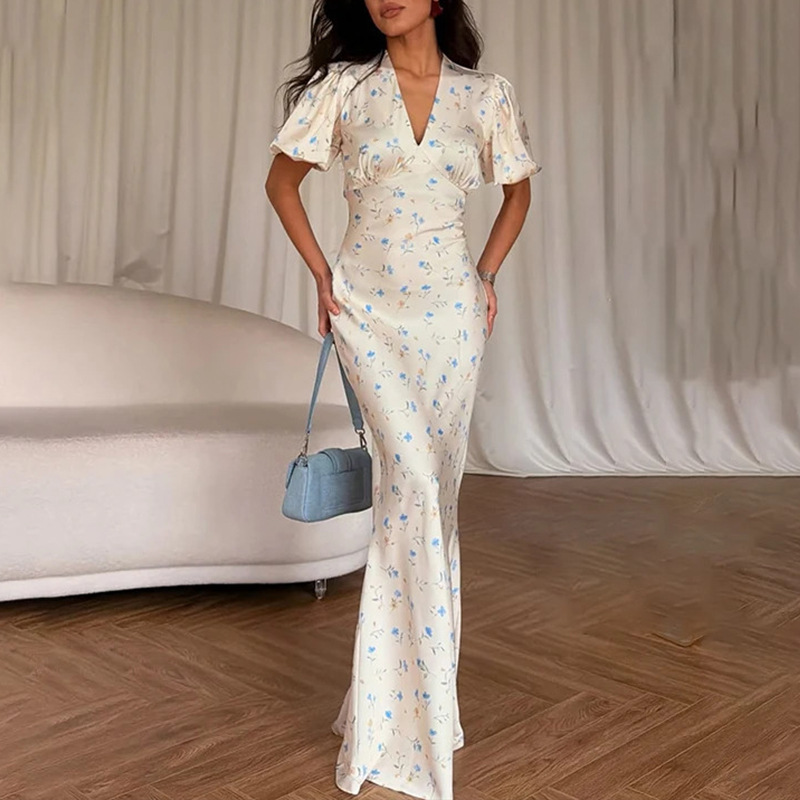 Women's Floral V-Neck High-Waist Midi Dress