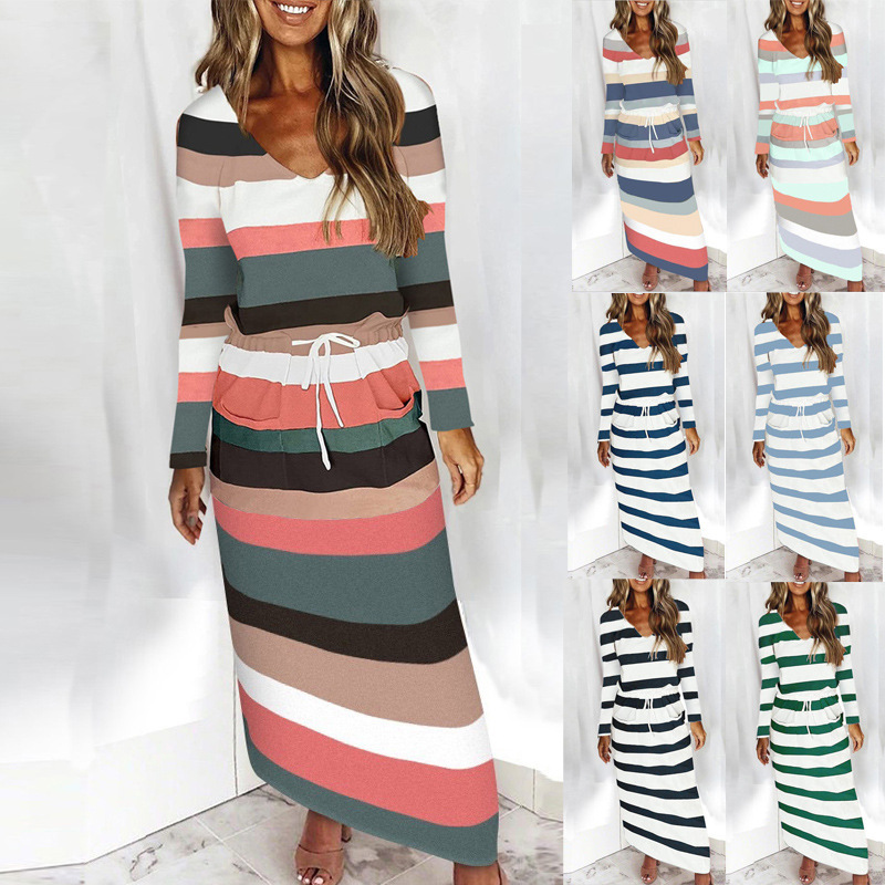 Women's V-Neck Striped Print Long Sleeve Loose Long Dress