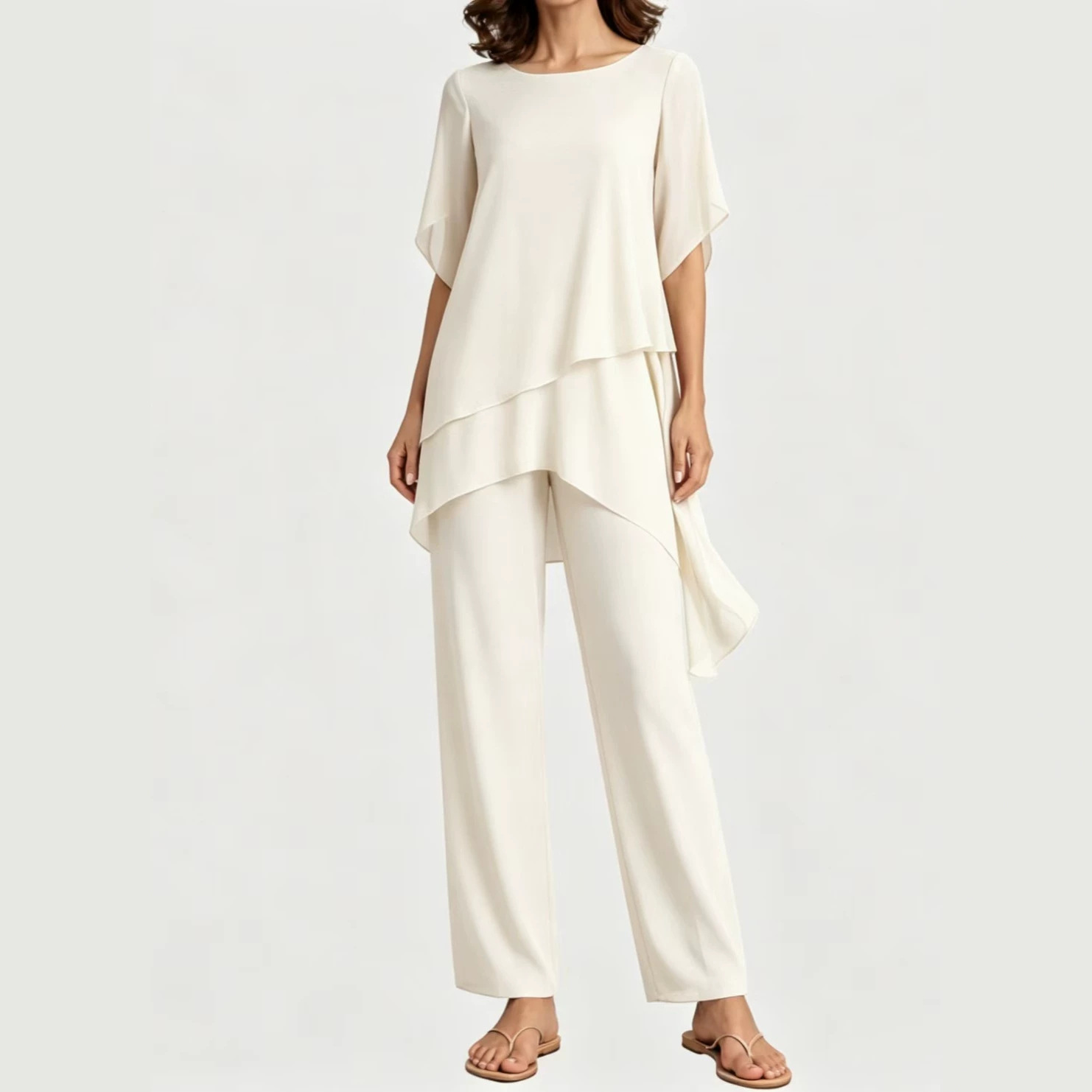 Women's Chiffon Short Sleeve Solid Color Loose Irregular Two-Piece Pant Set