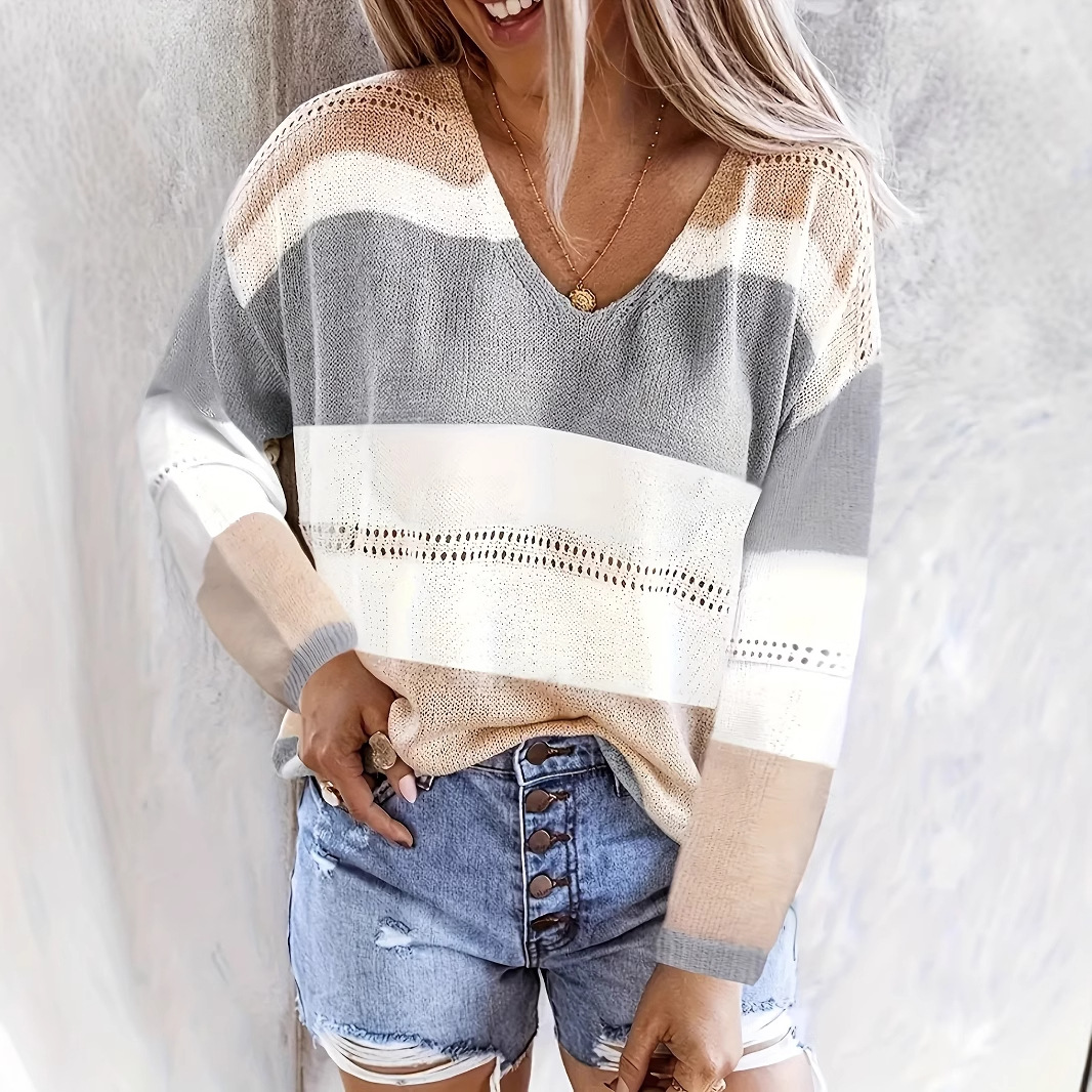 Striped Color-Block Pointelle Knit Sweater