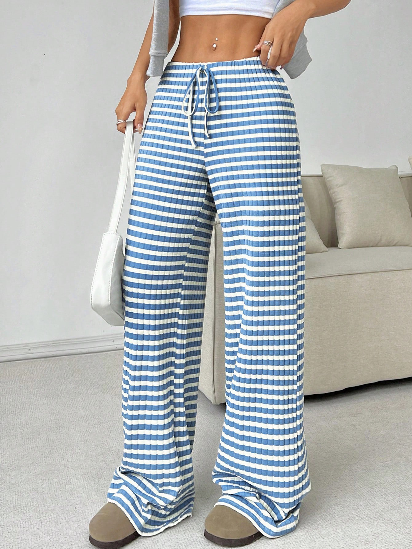 Women's Striped & Solid Cotton Straight-Leg Pants with Elastic Drawstring Waist