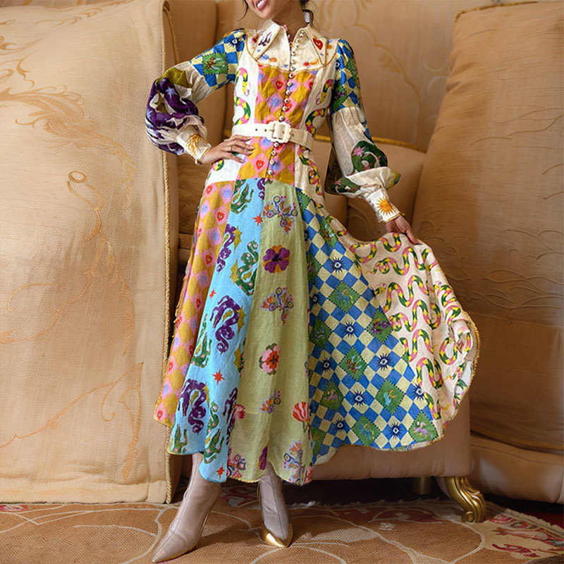 Elegant Floral Print Lapel Collar Waist-Cinched Long Dress
