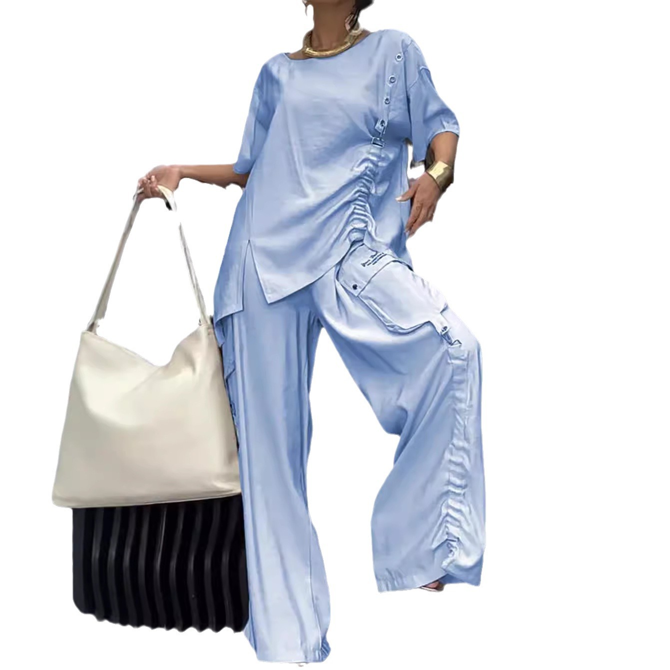 Women's Casual Two-Piece T-Shirt and Pants Set Crew Neck Solid Color