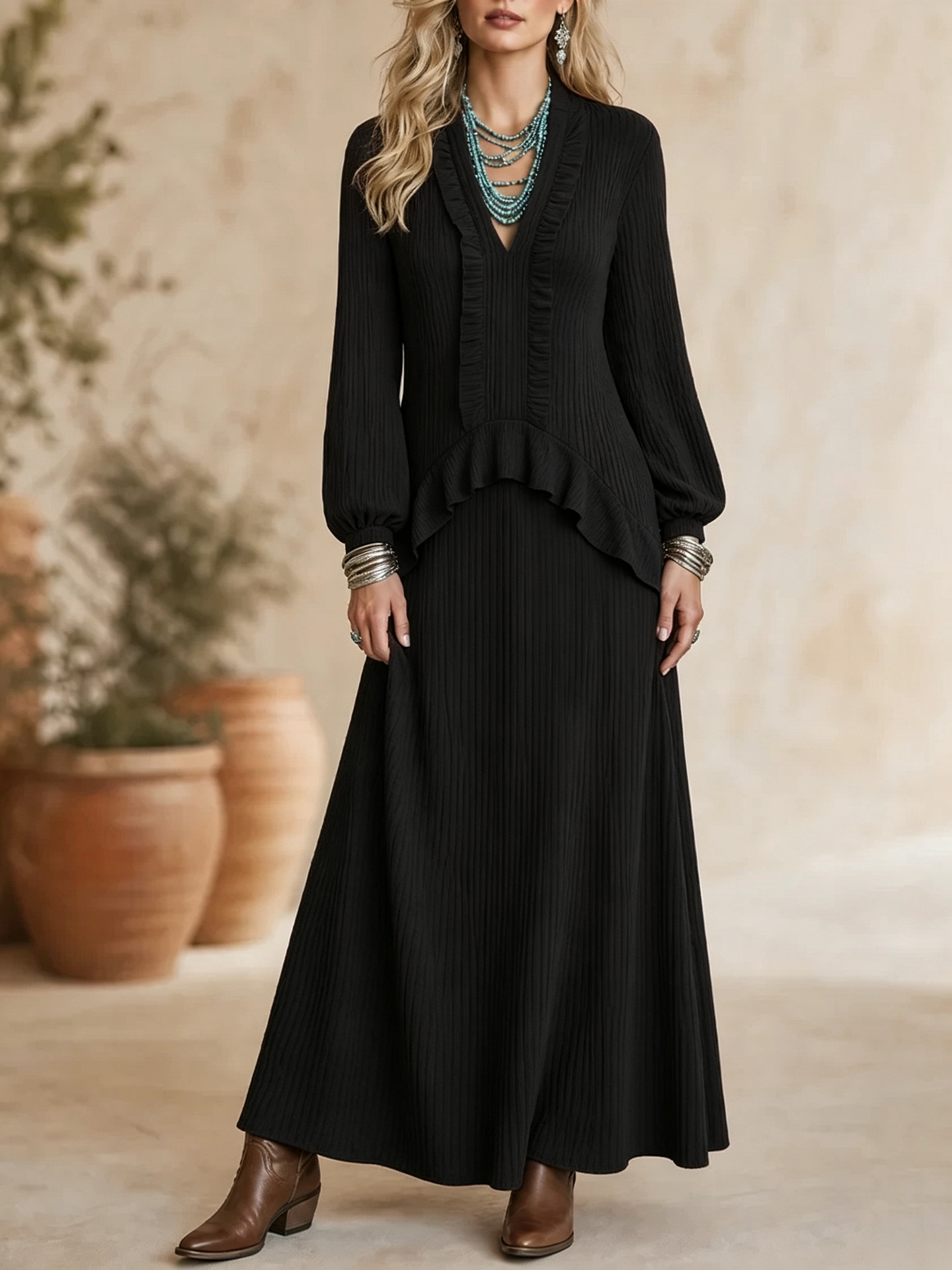 V-Neck Pleated Ruffle Lantern Sleeve Loose Long Dress