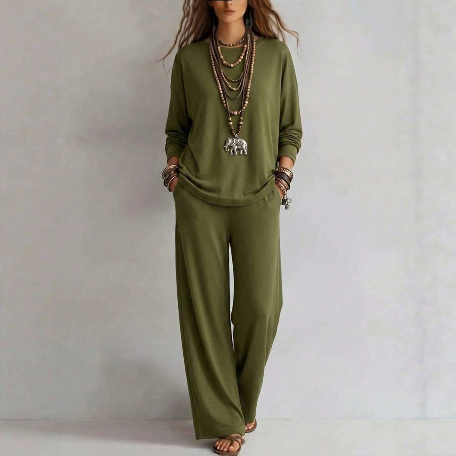 Women's Solid Color Two-Piece Set Long Sleeve Top & Wide-Leg Pants