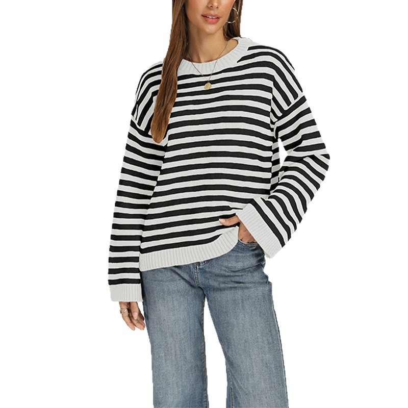 Striped Knit Pullover Sweater, Loose Fit Crew Neck Long Sleeve