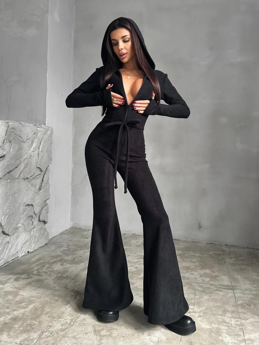 Fleece Slim-Fit Hooded Jumpsuit with Full Front Zip and Waist Tie