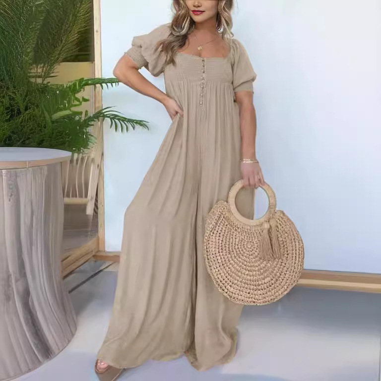 Plus Size Solid Color Puff Sleeve Ruched Jumpsuit