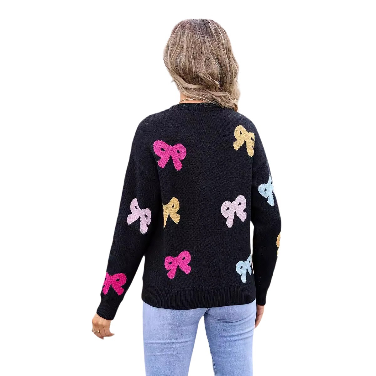 Bow Knit Sweater Crew Neck Long Sleeve Pullover