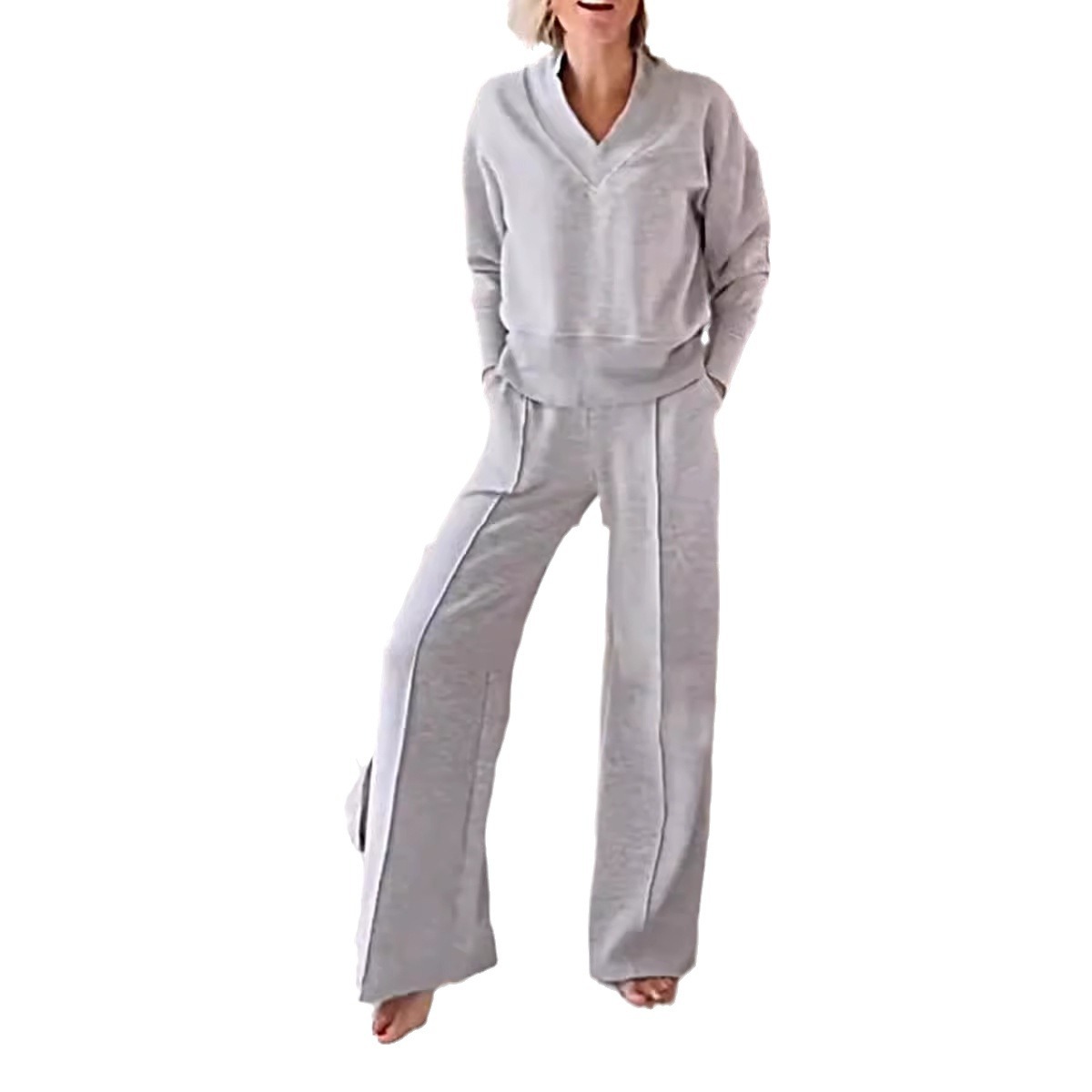 Women's V-Neck Long-Sleeve Loose Top & Wide-Leg Pants Two-Piece Set