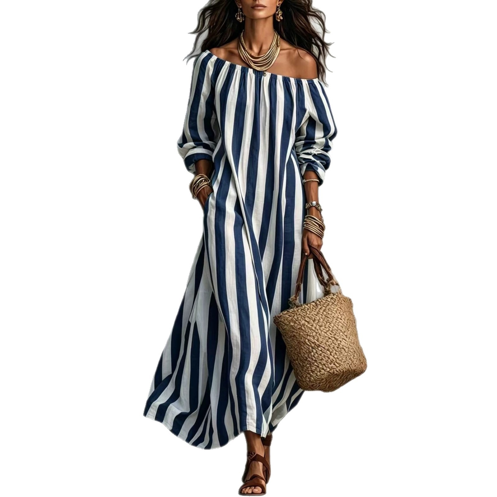 Striped Off-Shoulder Long-Sleeve Maxi Dress
