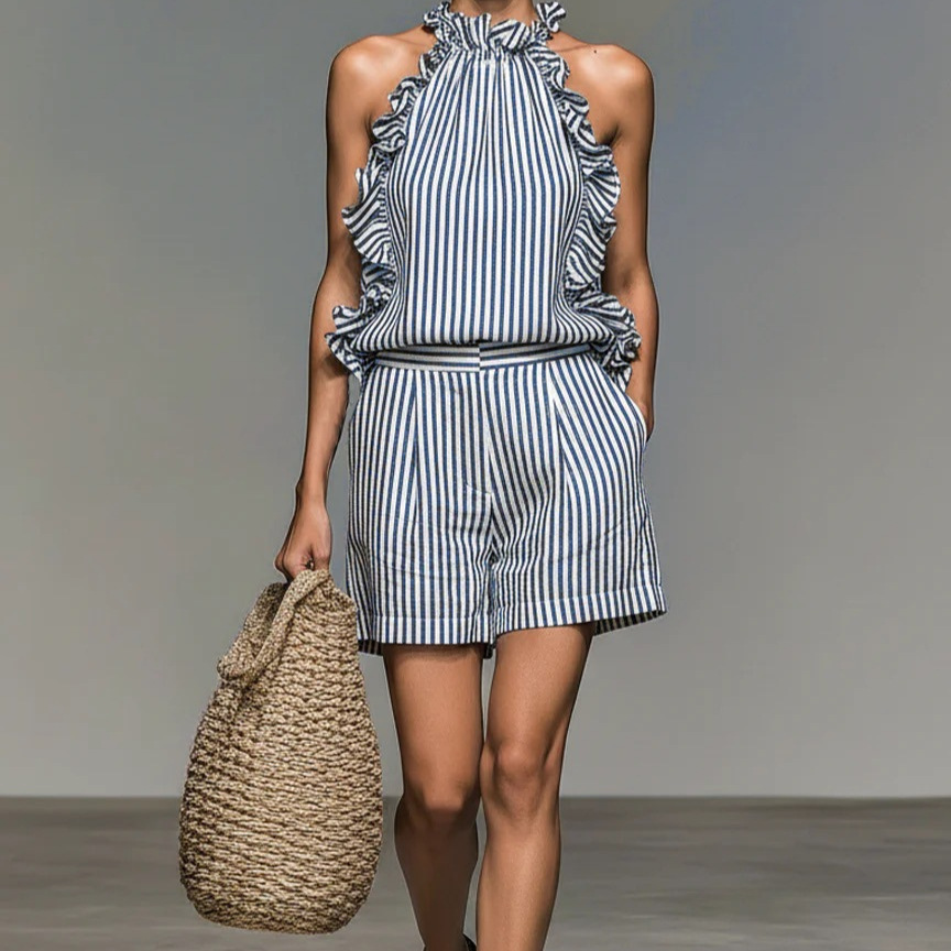 Women's Sleeveless Striped Lace-Trim T-Shirt and Shorts Set