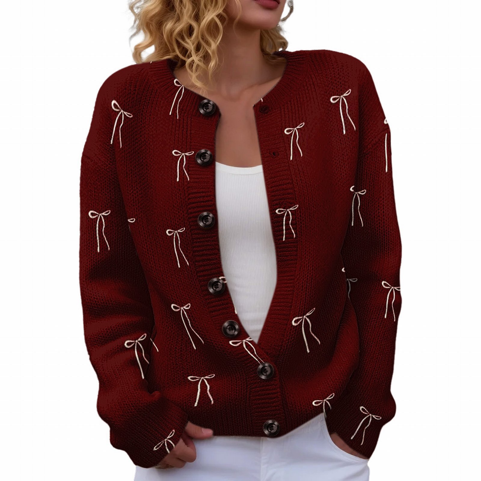 Women's Heart Ribbon Bow Cherry Print Cardigan