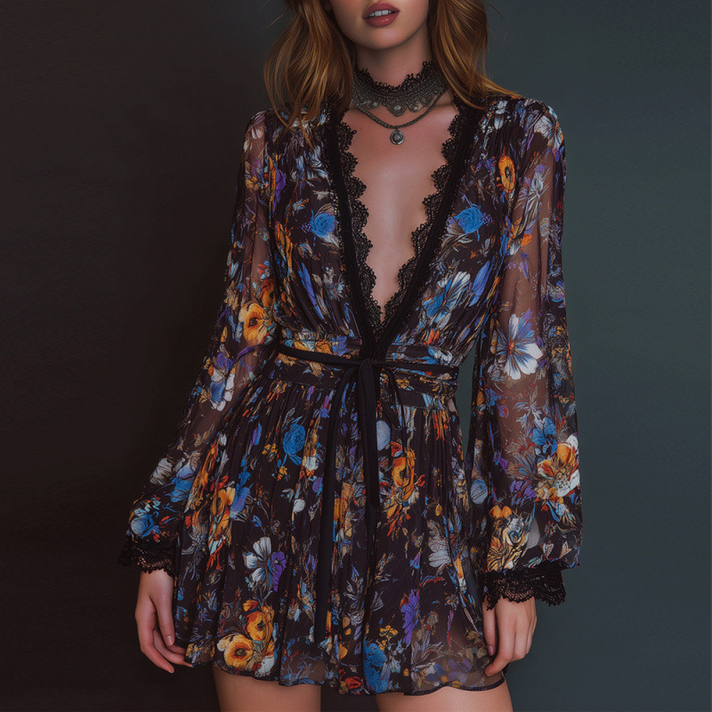 Women's V-Neck Long Sleeve Organza Dress with Waist Cinch