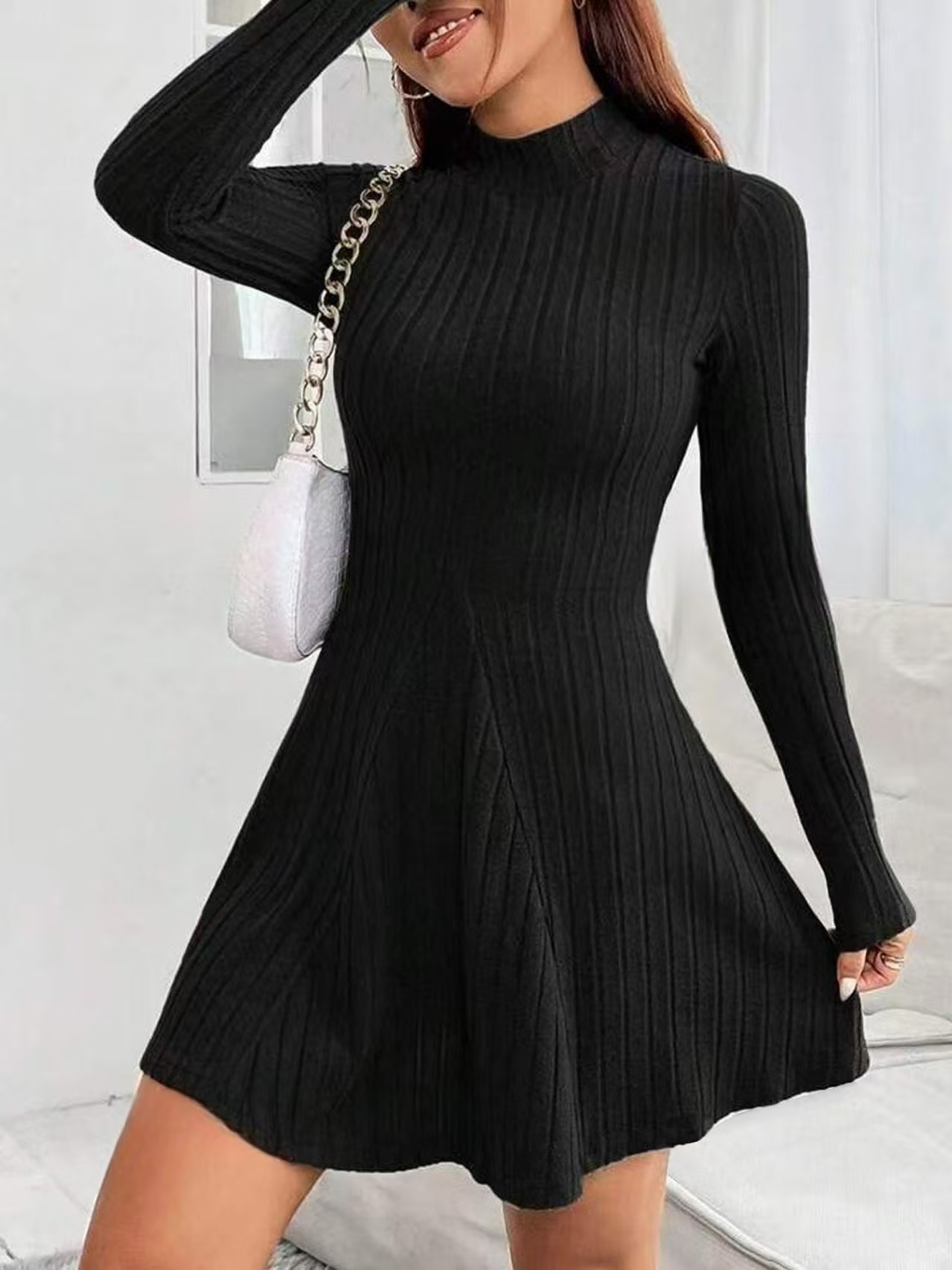 Women's Slim Fit Ribbed Knit A-Line Dress with Half Turtleneck and Waist