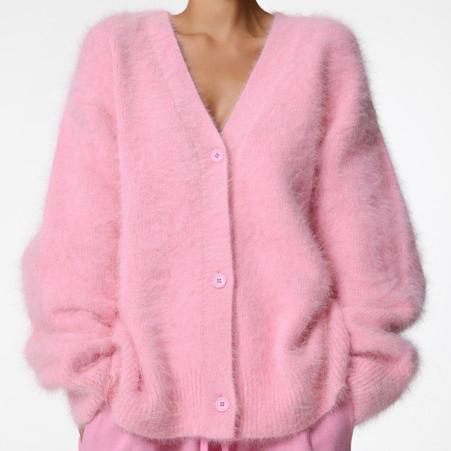 Faux Mink V-Neck Knit Cardigan Women Loose Solid Button-Up Sweater